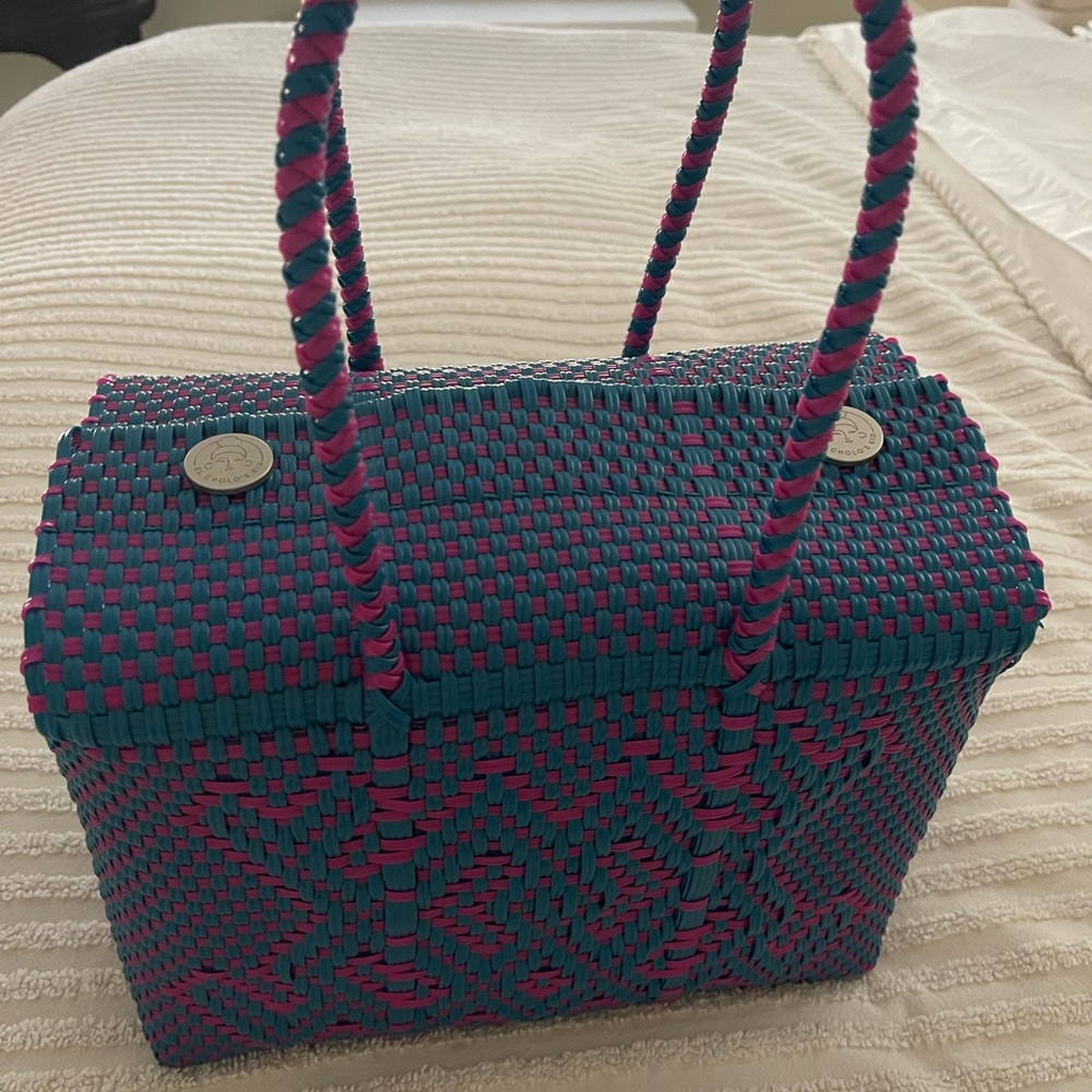 Woven Pink and Teal Beach/Pool Bag